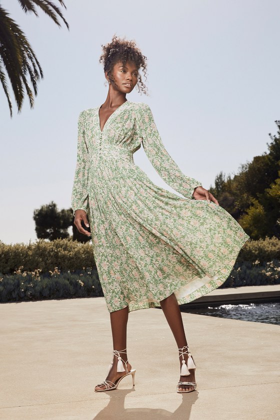 Garden Dancer Green Floral Print Pleated Long Sleeve Midi Dress