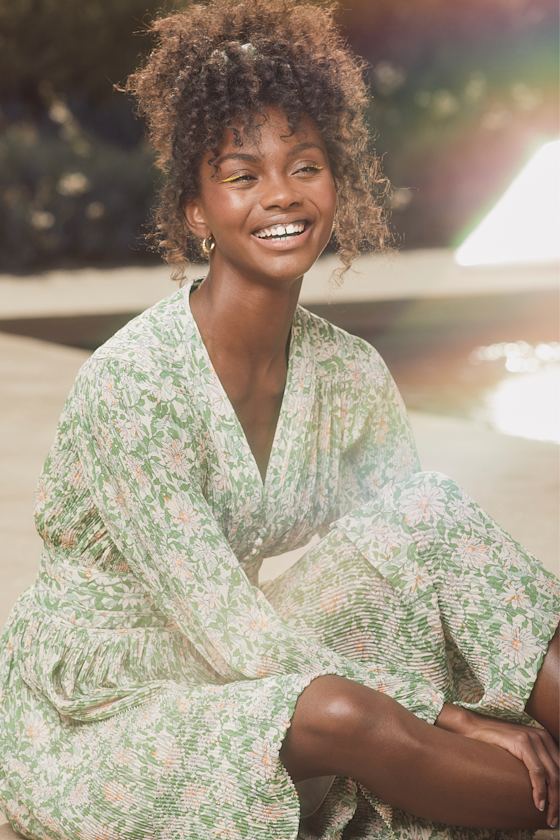 Garden Dancer Green Floral Print Pleated Long Sleeve Midi Dress 5
