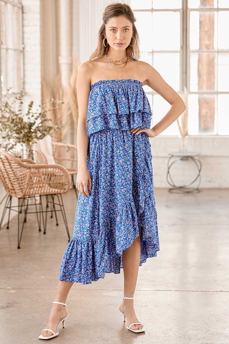 Garden Party Perfection Blue Floral Print Strapless Midi Dress