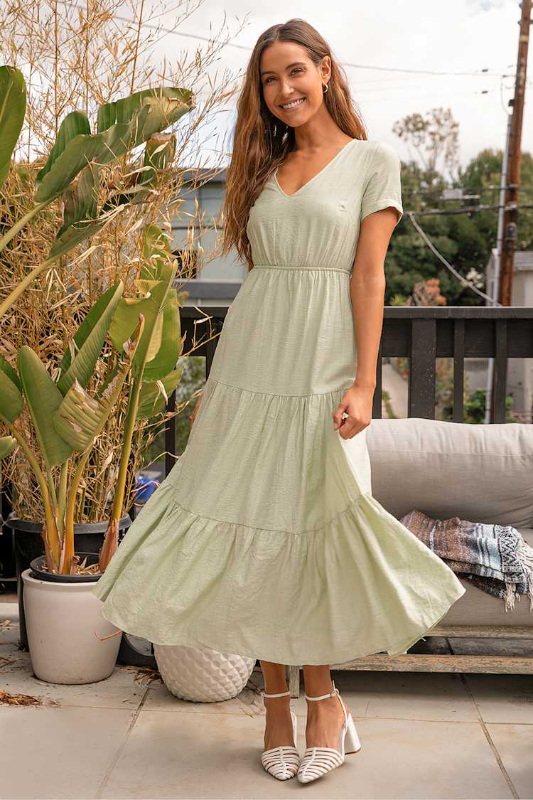 light green tiered dress Light Green Ruffle Sleeve Ruffle Square Neck Smocked Tiered Midi Dress