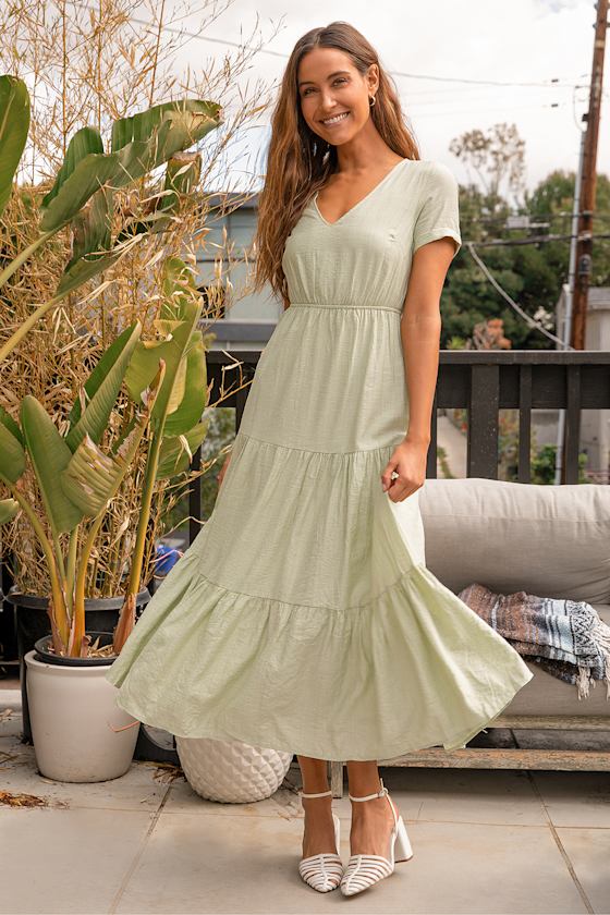 Springing Forward Light Green Short Sleeve Tiered Midi Dress 1
