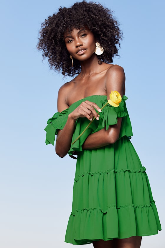 Tiers To My Heart Green Off-the-Shoulder Ruffled Mini Dress 6