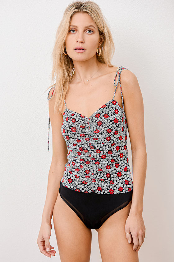 Keep It Interesting Black Multi Floral Print Tie-Strap Bodysuit 3
