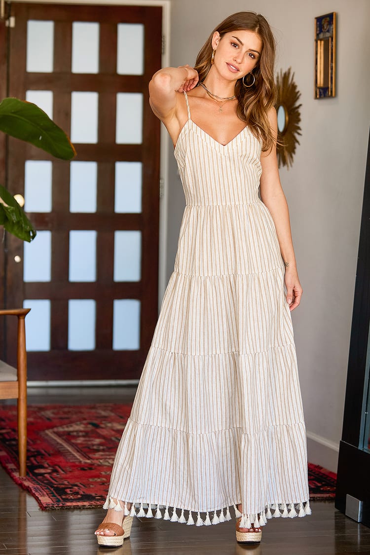 Tan Striped Dress - Tiered Maxi Dress - Tassel Hem Maxi Dress - Lulus