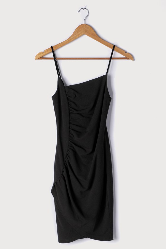 Black Mini Dress - Ruched Bodycon Dress - Asymmetrical Mini Dress - Lulus