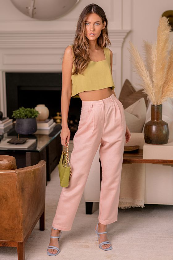 Pink Trousers Linen Pants Woven LinenBlend Pants Lulus