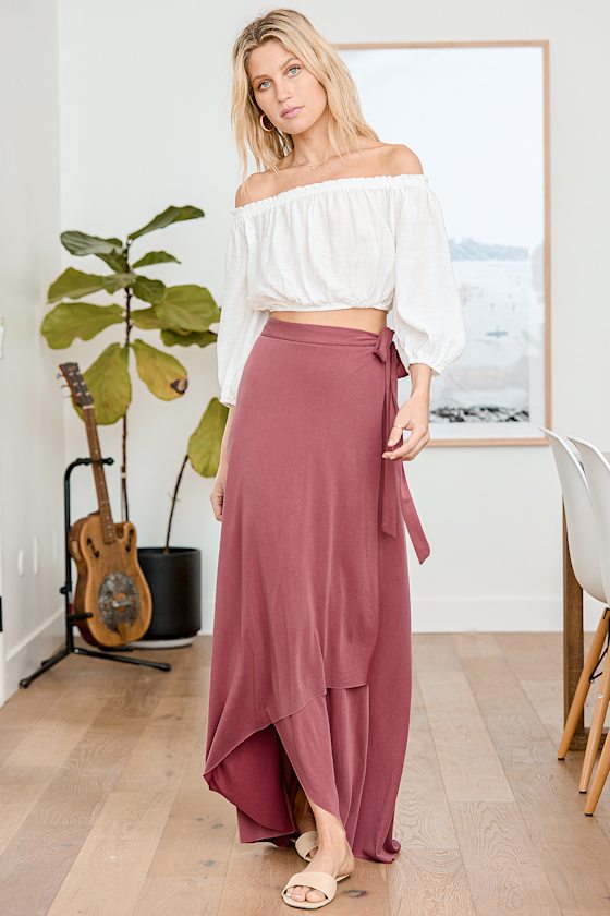 Beautiful Breeze Washed Burgundy High-Low Wrap Maxi Skirt 7