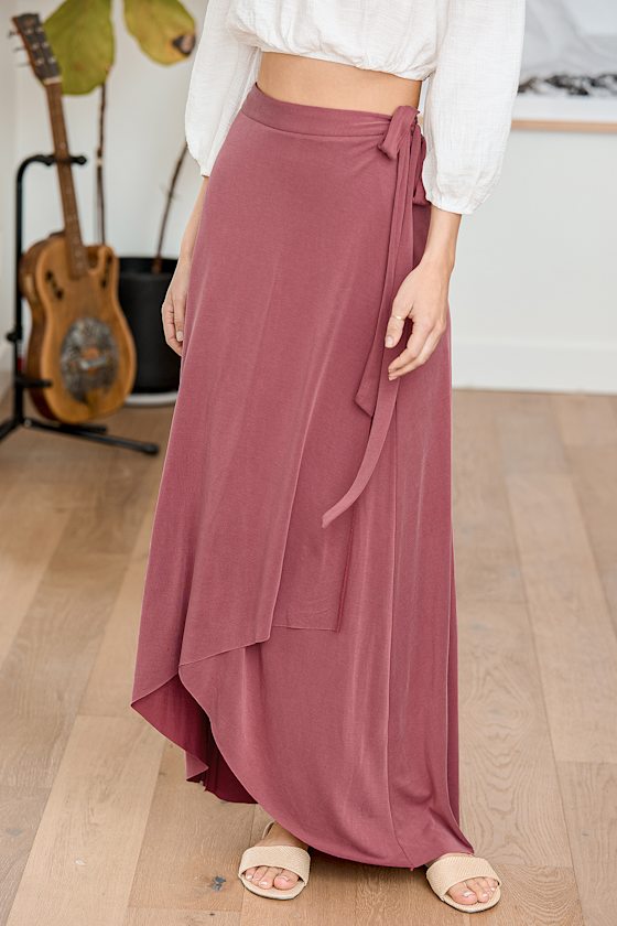 Beautiful Breeze Washed Burgundy High-Low Wrap Maxi Skirt 8