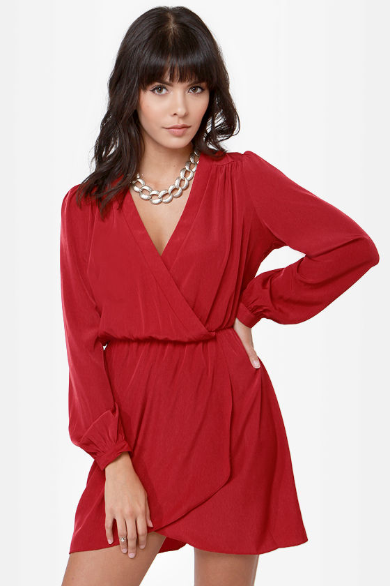 Long Sleeve Red Wrap Dress