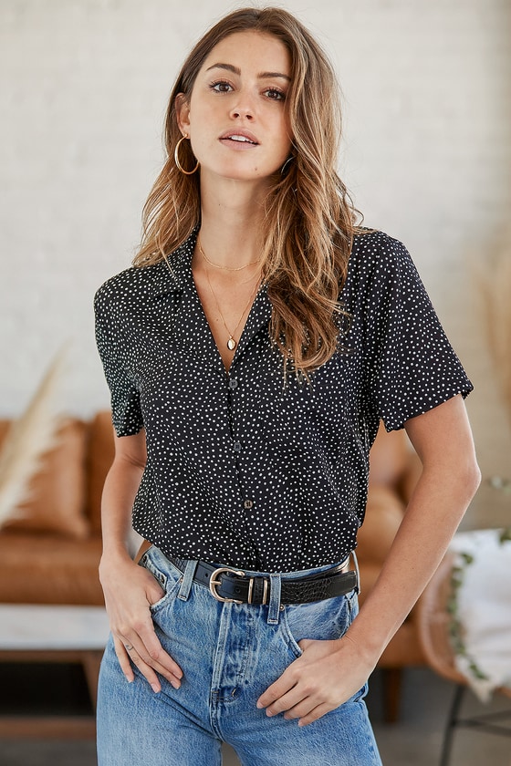 Black Polka Dot Short Sleeve Button-Up Top | Womens | X-Large (Available in XS, S, M, L) | 100% Polyester | Lulus Exclusive | Short Sleeve Tops