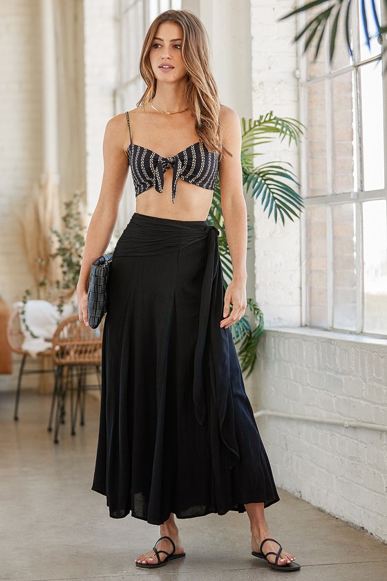 Keep Flowing On Black Tie-Front Maxi Skirt