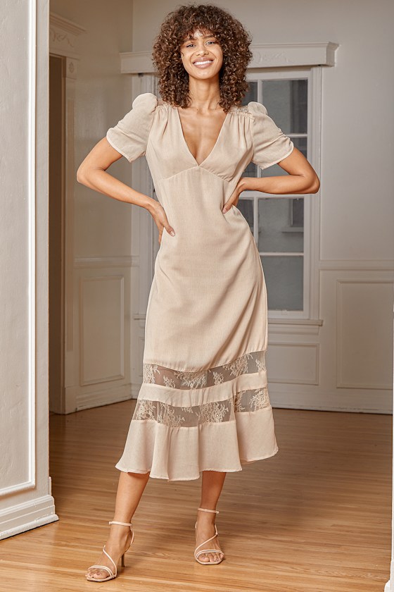 Lace Midi Dress Beige Midi Dress Short Sleeve Lace Midi Dress Lulus