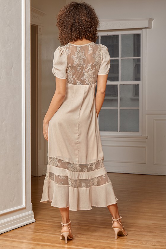 Lace Midi Dress - Beige Midi Dress - Short Sleeve Lace Midi Dress - Lulus