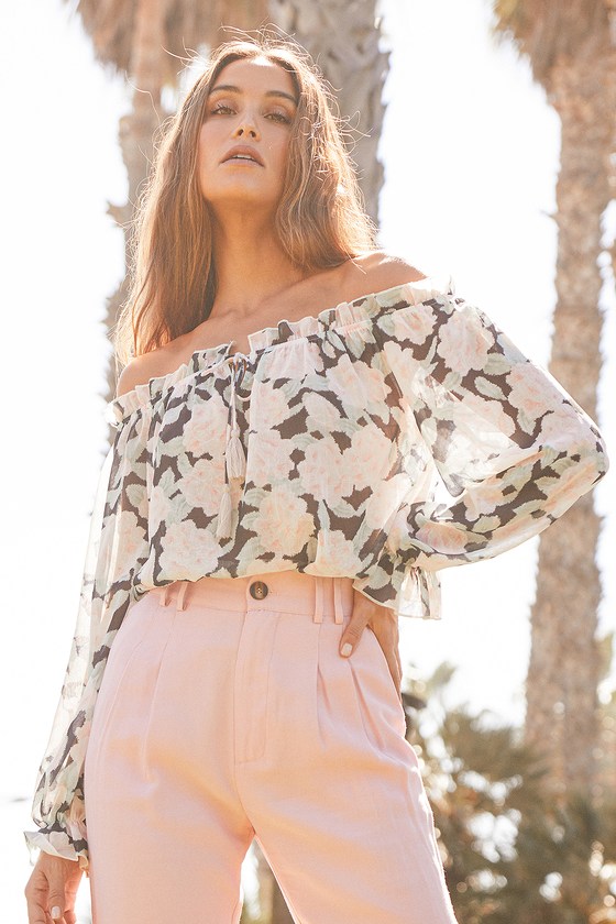 Lulus | Perfect Passion Black Floral Print Off-the-Shoulder Bodysuit | Size Large | 100% Polyester