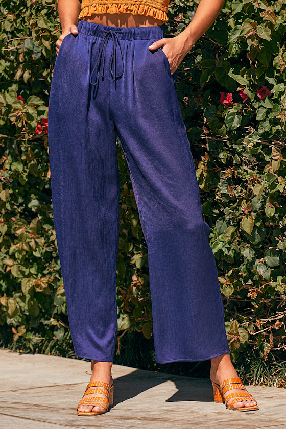 Up on the Trends Navy Blue Satin Wide-Leg Pants 2