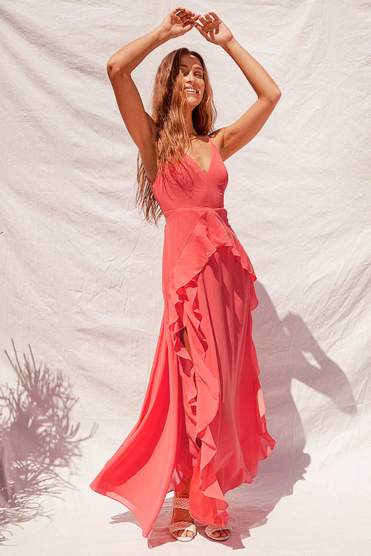 lulus coral maxi dress Tulle For Love Coral Pink Mesh Tulle Tiered Ruffled Maxi Dress