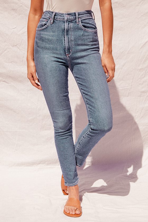 Pinch Waist Medium Wash Denim Ultra High Rise Skinny Jeans 1