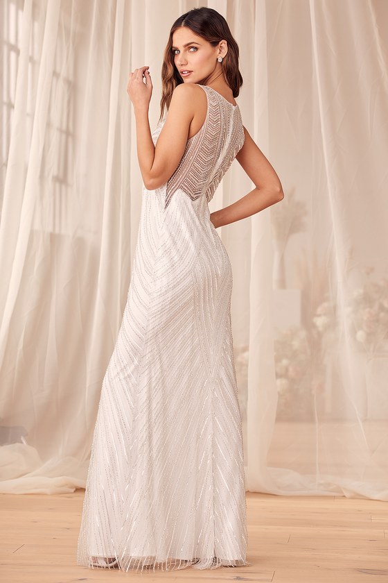 White Mesh Beaded Sequin Mermaid Maxi Dress | Womens | X-Small (Available in M, L) | 100% Polyester | Lulus