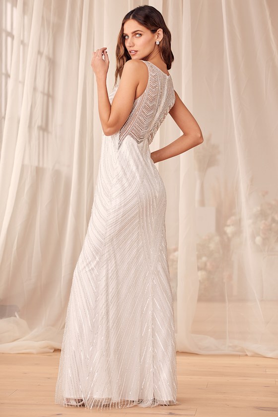 Only the Beginning White and Silver Beaded Sequin Maxi Dress 2
