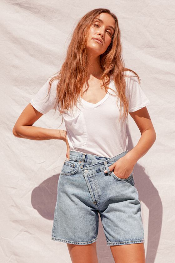 Criss Cross Light Wash Denim High Rise Shorts 7