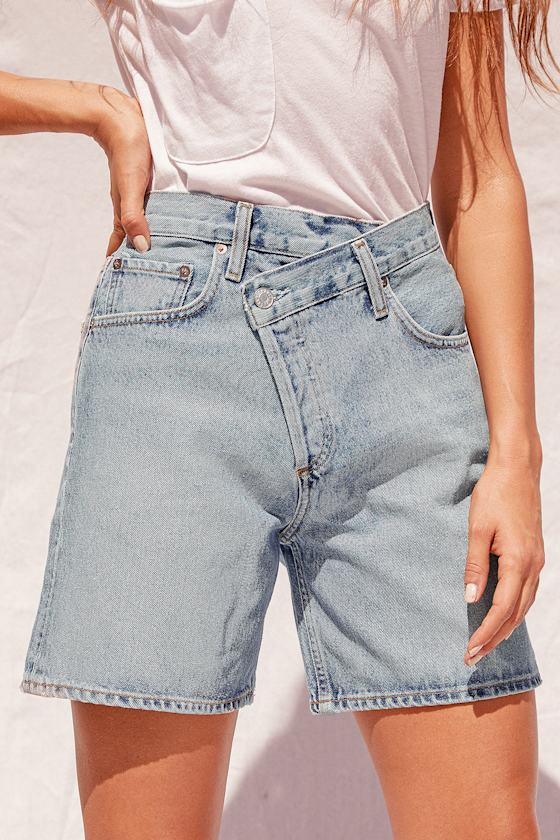 Criss Cross Light Wash Denim High Rise Shorts 10