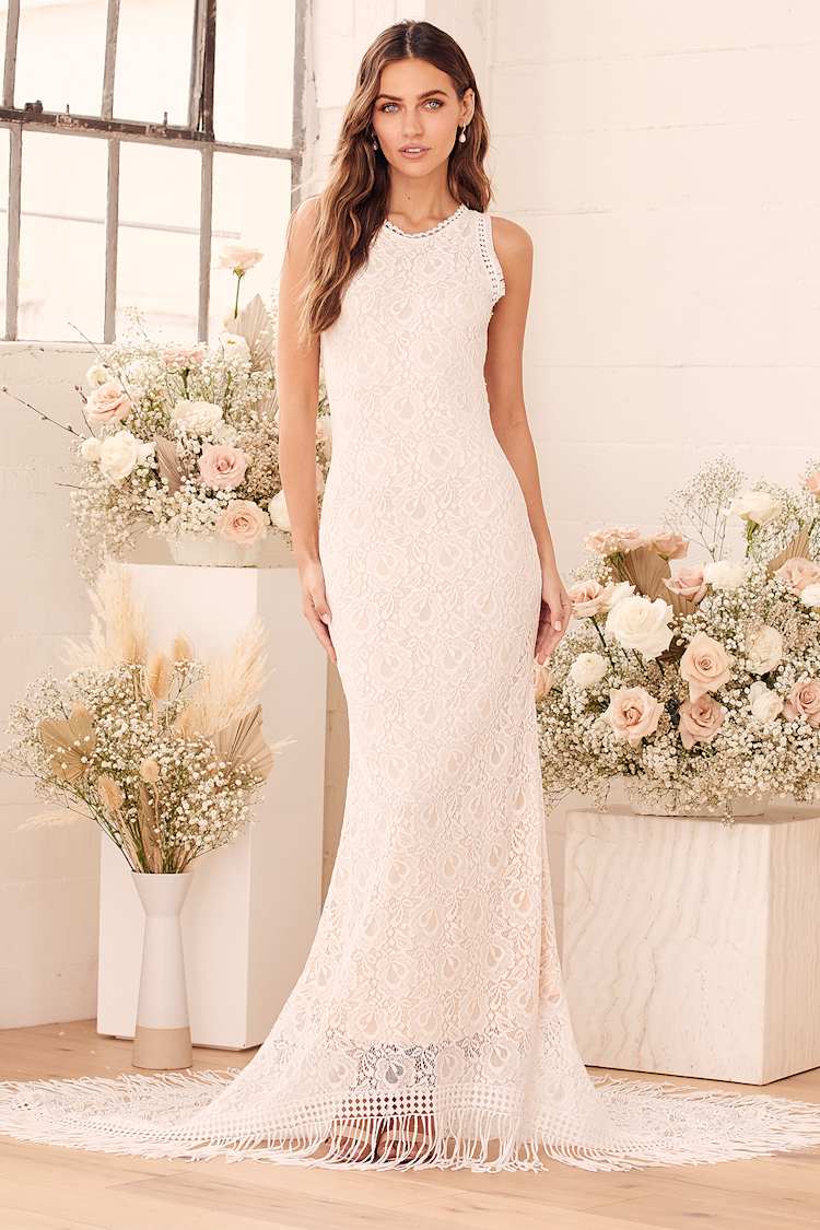 knee length dresses for ladies Farida White Lace Maxi Dress