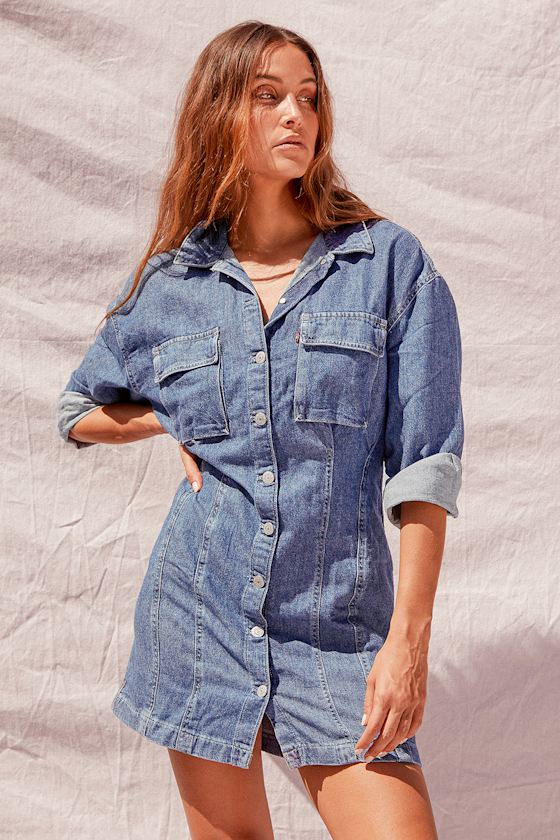 Braelyn Medium Wash Denim Long Sleeve Utility Dress 7