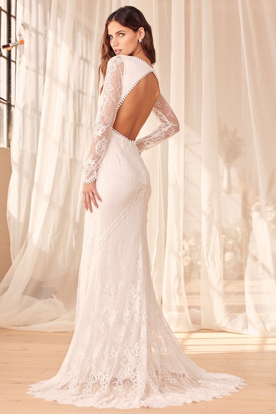 For An Eternity White Lace Backless Long Sleeve Maxi Dress
