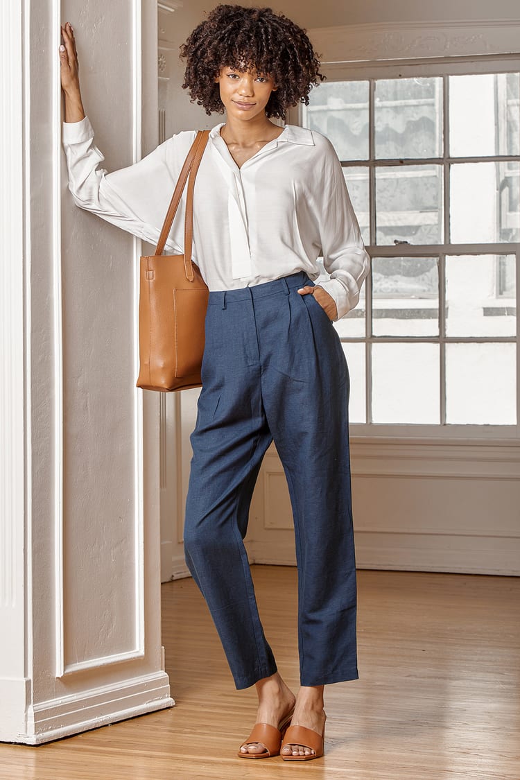 Properly Polished Navy Blue High Rise Linen Trouser Pants