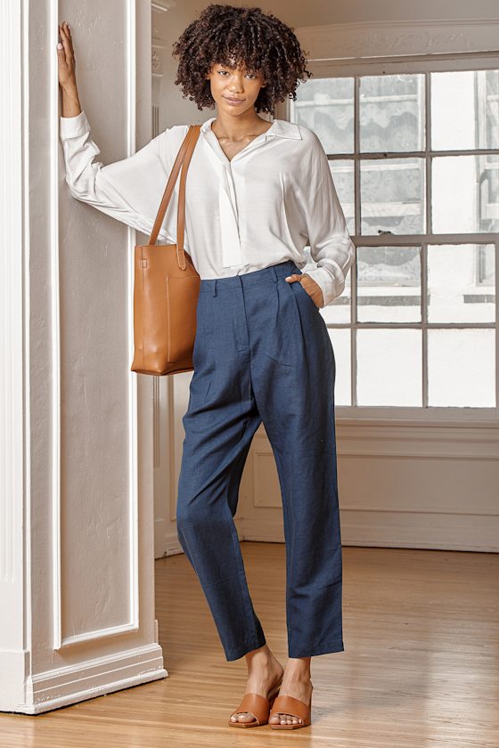 Navy Blue Trousers Linen Pants Woven LinenBlend Pants Lulus