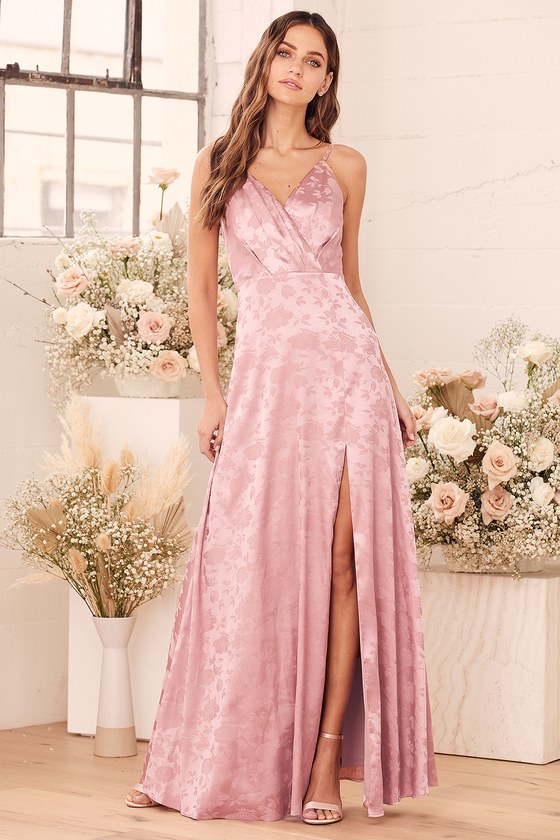 Dusty Rose Satin Maxi - Satin Jacquard Maxi - Floral Satin Maxi - Lulus