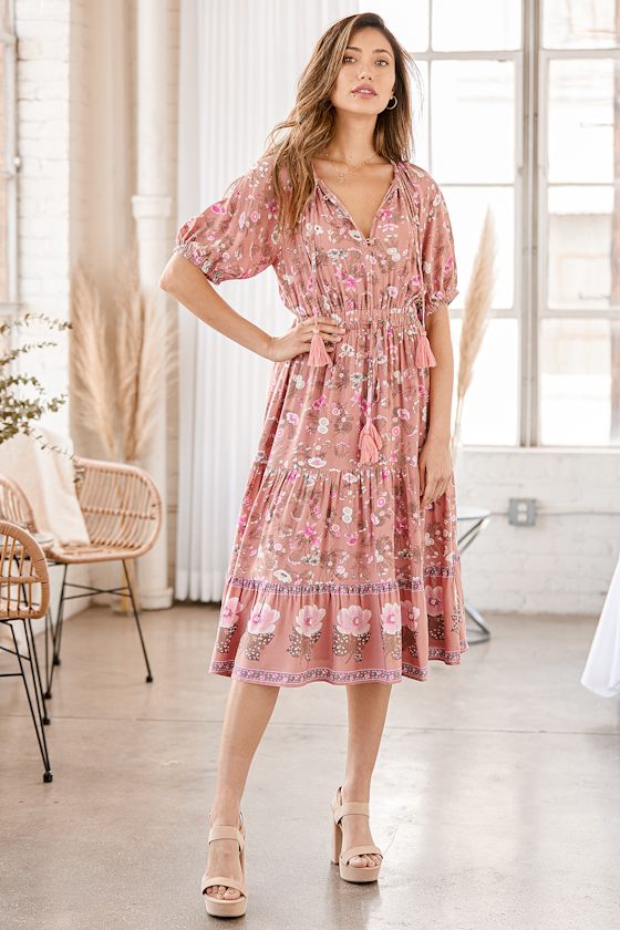Pink Floral Print Dress - Puff Sleeve Midi Dress - Tiered Dress - Lulus