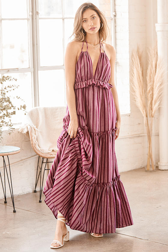 Vacay Babe Burgundy Striped Halter Maxi Dress 2