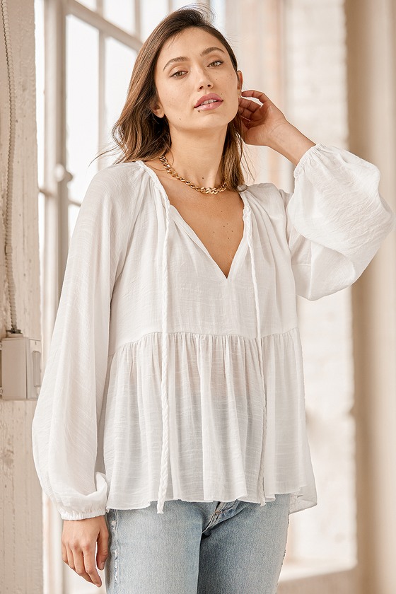 Totally Breezy White Long Sleeve Peasant Top