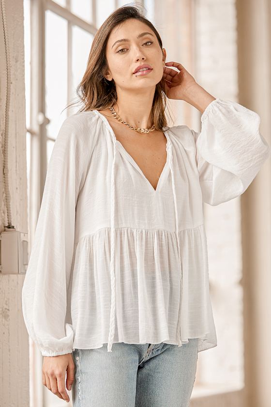 Totally Breezy White Long Sleeve Peasant Top 5