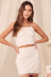 Dancing in a Dream White Fringe Lace-Up Two-Piece Mini Dress