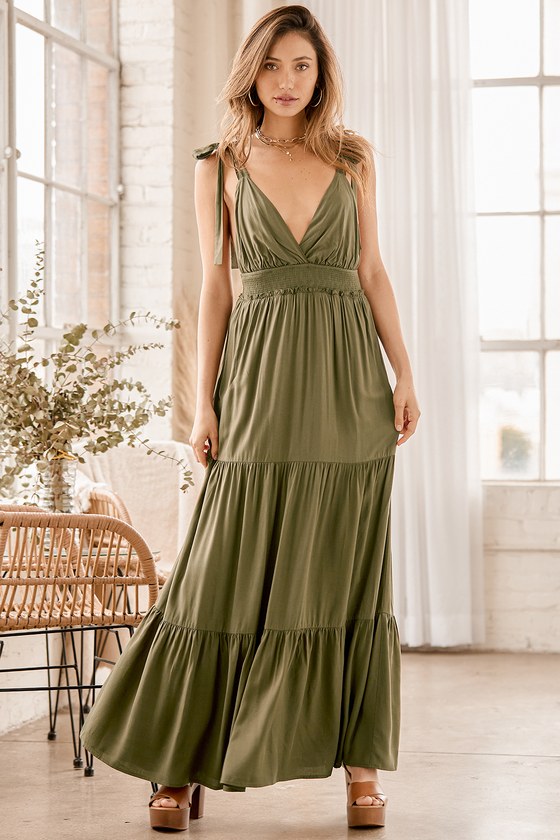 Olive Green Maxi Dress Tiered Maxi Dress TieStrap Dress Lulus