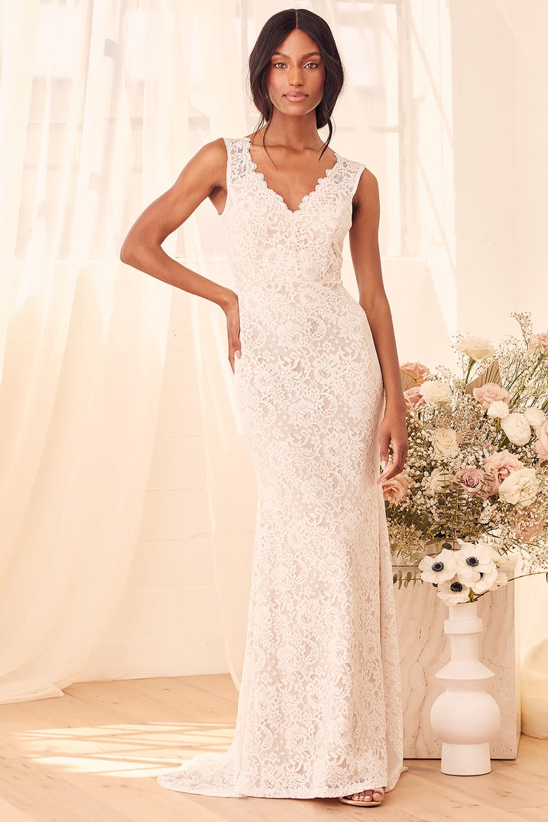 Spectacular Romance White Lace Sleeveless Mermaid Maxi Dress
