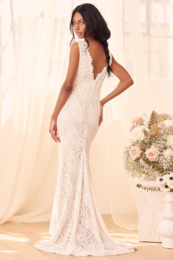 V Neck sleeveless lace mermaid wedding dress