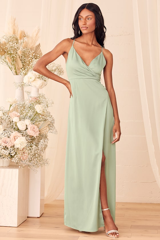 Outstanding Elegance Sage Green Satin Surplice Maxi Dress 1