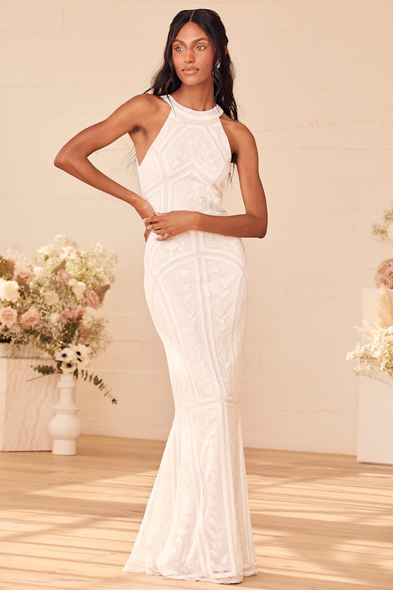 Tell Me Everything White Beaded Sequin Halter Maxi Dress 1