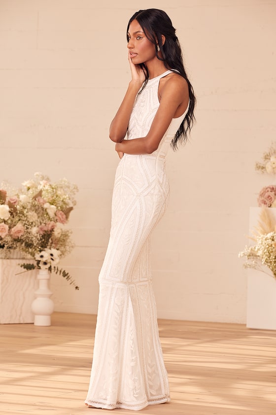 Tell Me Everything White Beaded Sequin Halter Maxi Dress