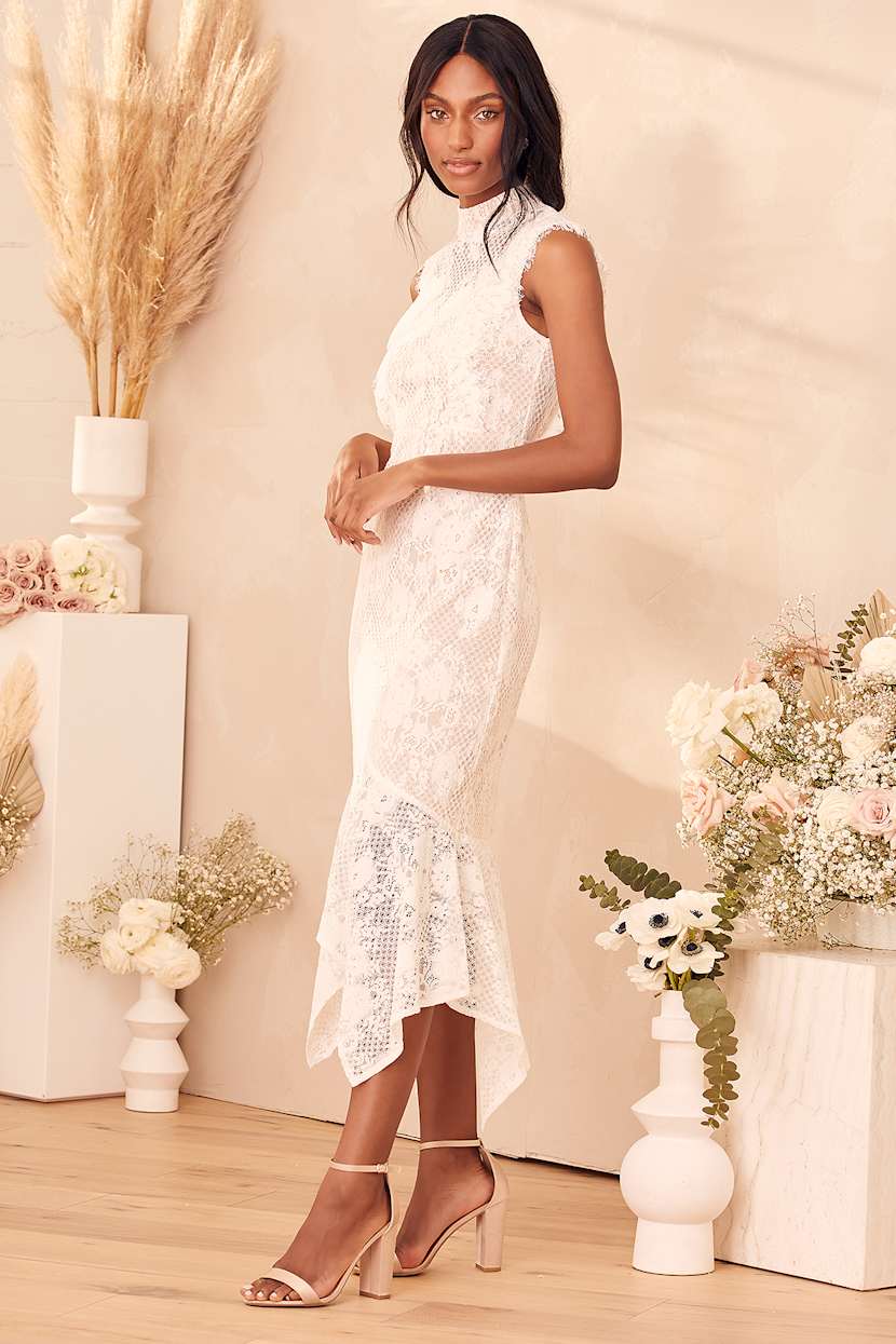 Take this Dance White Lace Sleeveless Mock Neck Midi Dress Take this Dance White Lace Sleeveless Mock Neck Midi Dress