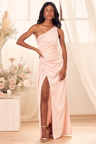 Dreaming of Elegance Blush Pink Satin One-Shoulder Maxi Dress