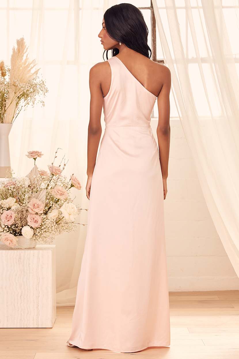 Blush Pink Dress - Satin Maxi Dress - One-Shoulder Maxi Dress