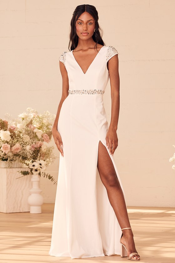 White Beaded Rhinestone Maxi Dress | Womens | XX-Small (Available in M) | 100% Polyester | Lulus