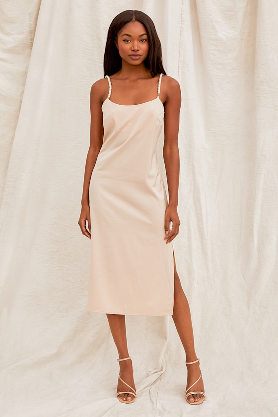 That's Hot Beige Satin Pearl Strap Midi Slip Dress 1
