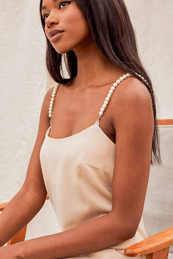 That's Hot Beige Satin Pearl Strap Midi Slip Dress 8