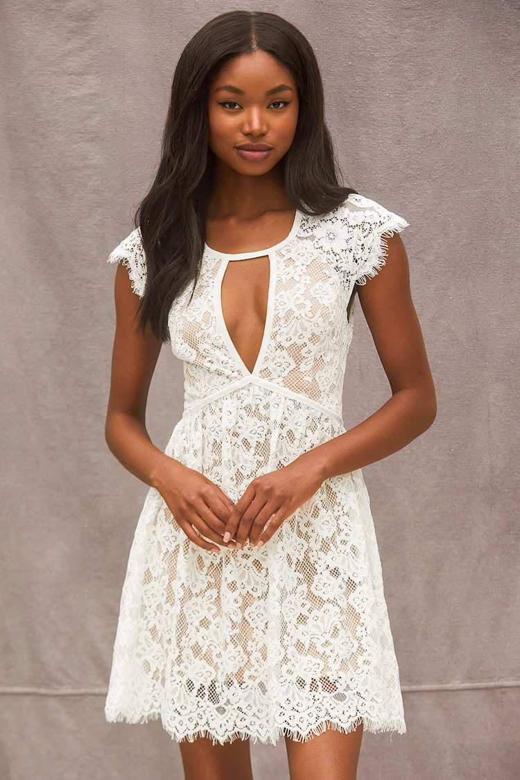 chinese dress ladies White Eyelet Dress - Cutout Ruffle Skater Dress