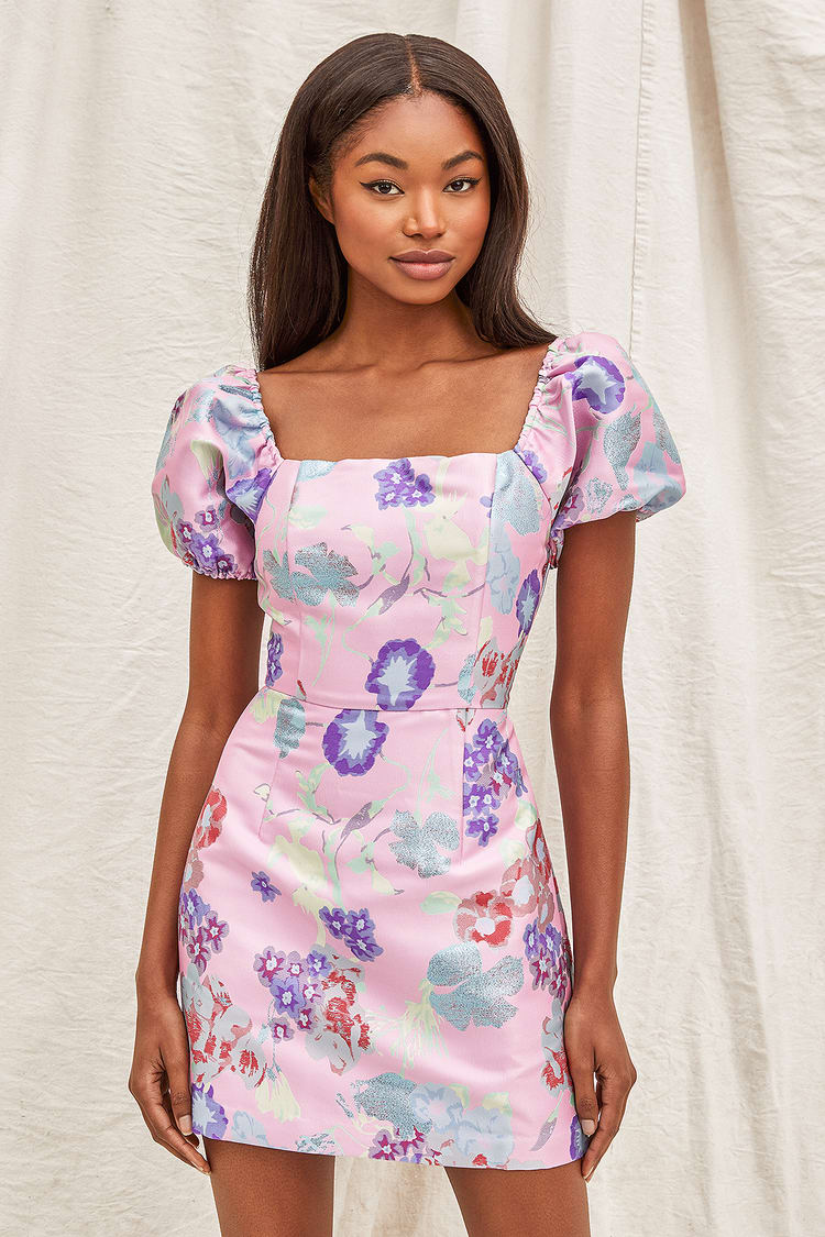 Puffed Sleeves Purple Floral Jacquard Dress